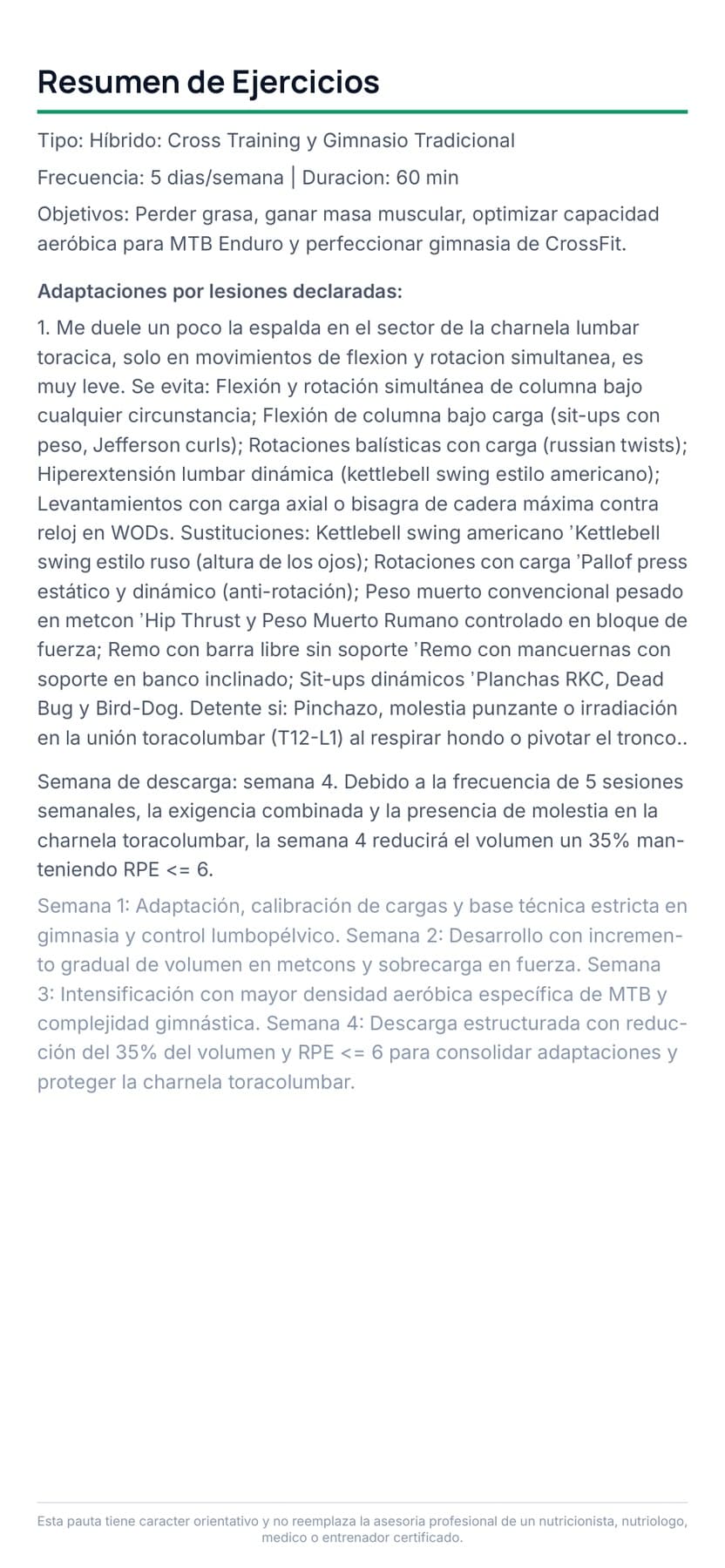 Resumen y adaptaciones por lesiones